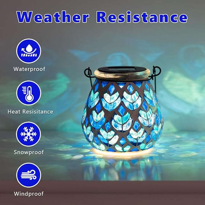 Stargarden 4 Pack Mosaic Solar Lanterns, Blue Glass Hanging Lantern Waterproof Outdoor Hanging Solar Lights Table Lamp for Garden ,Patio,Yard Decor
