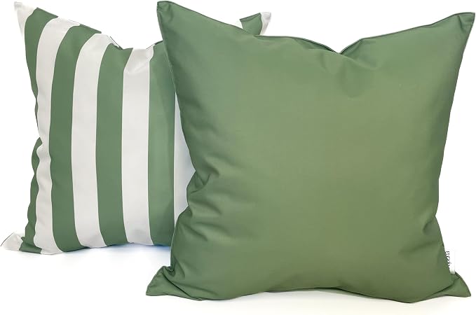 Pack of 2 Solid and Stripe 20''x20'' Outdoor Waterproof Green Throw Pillow Covers Decorative Square Cushion Patio Pillows for Patio Furniture (Loden Frost)