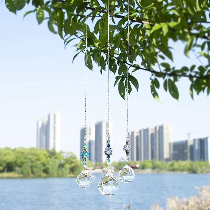 3 Pcs Clear Crystal Ball Prism Suncatcher Rainbow Maker Window Decor | Clear Crystal Ball Prism Suncatcher Rainbow Maker Hanging Pendant Set of 3 for Window Garden Home Office Wedding Party Decor