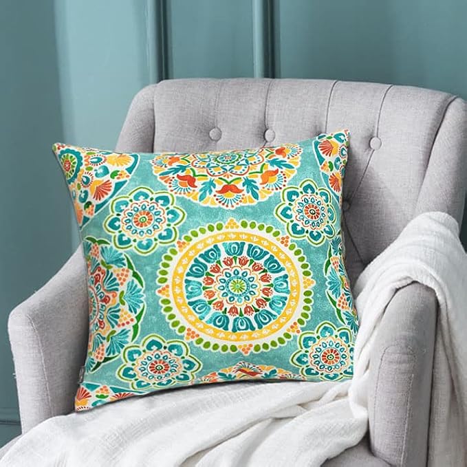 FUNHOME Outdoor Throw Pillows with Insert 18x18 Inch Pack of 2-Cyan Circle | Decorative Throw Pillows with Inserts, Water-Repellent, Square Pillows for Bed, Couch, Sofa and Patio Furniture