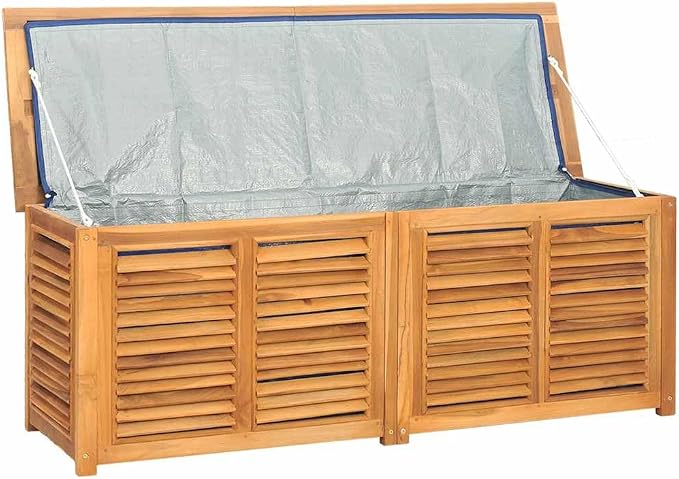 Outdoor Patio Storage Box 59.1 x 19.7 x 21.7 Inch Solid Teak Wood Garden Chest with Waterproof Liner Bag for Backyard Deck Furniture Organizer