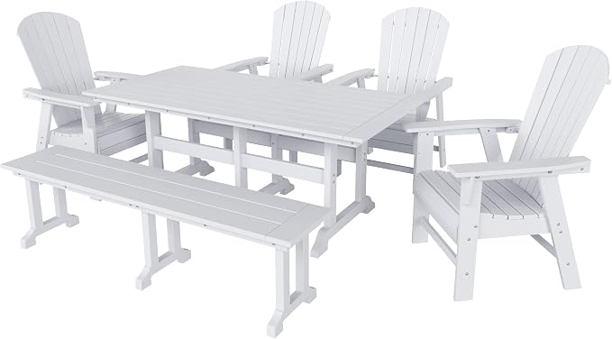WestinTrends Dylan Adirondack Patio Dining Set for 6, All Weather Poly Lumber Outdoor Table and Chairs Set of 4, 71" Trestle Table and Adirondack Dining Chair with Dining Bench, White
