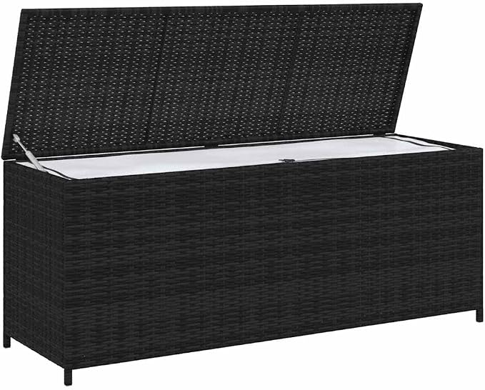 Black Poly Rattan Patio Storage Box with Cushion Bench 59x20x24 Inch Outdoor Waterproof Garden Furniture Organizer for Pillows Blankets Towels Heavy Duty Steel Frame 350lb Capacity