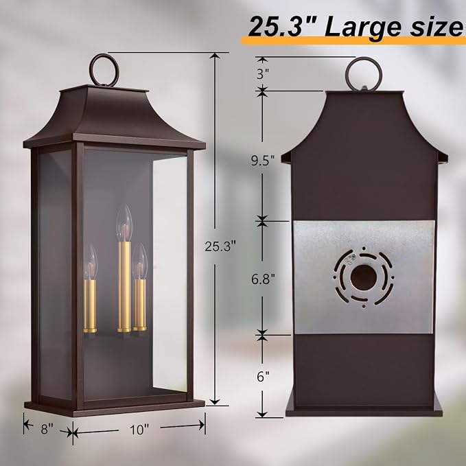 Dusk to Dawn Outdoor Wall Light, 25.3", Oil Rubbed Bronze | 3-Light, Large Outdoor Light Fixture, Waterproof Exterior Wall Lantern, For House Porch Patio