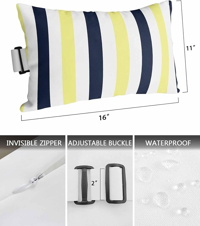 Pack of 2 Outdoor Lumbar Pillow Covers 11x16 Inch, Yellow Navy Blue Striped Waterproof Throw Pillow Covers Set, Farmhouse Stripe Art Indoor&Outdoor Decorative Cushion Cases for Patio Porch Beach