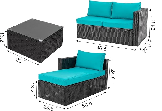 3 Piece Outdoor Patio Conversation Sofa Set PE Rattan Patio Furniture Set Patio Sectional Sofa with Detachable Glass Coffee Table