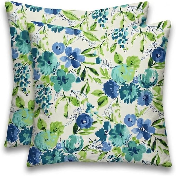 RSH DECOR Square Throw Pillows Set of 2, 17" x 17", Outdoor Pillows Waterproof, Outdoor Pillow Covers, Pillow Covers for Couch, Bettina Aqua, Made in USA