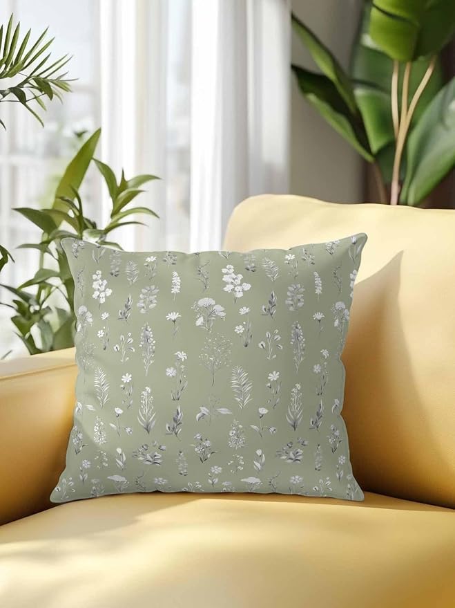 Outdoor Pillows with Inserts 18x18, Sage Green Wildflowers Waterproof Outdoor/Indoor Throw Pillows, Farmhouse Botanical Garden Floral Decorative Pillow for Bed Couch Sofa Patio Furniture