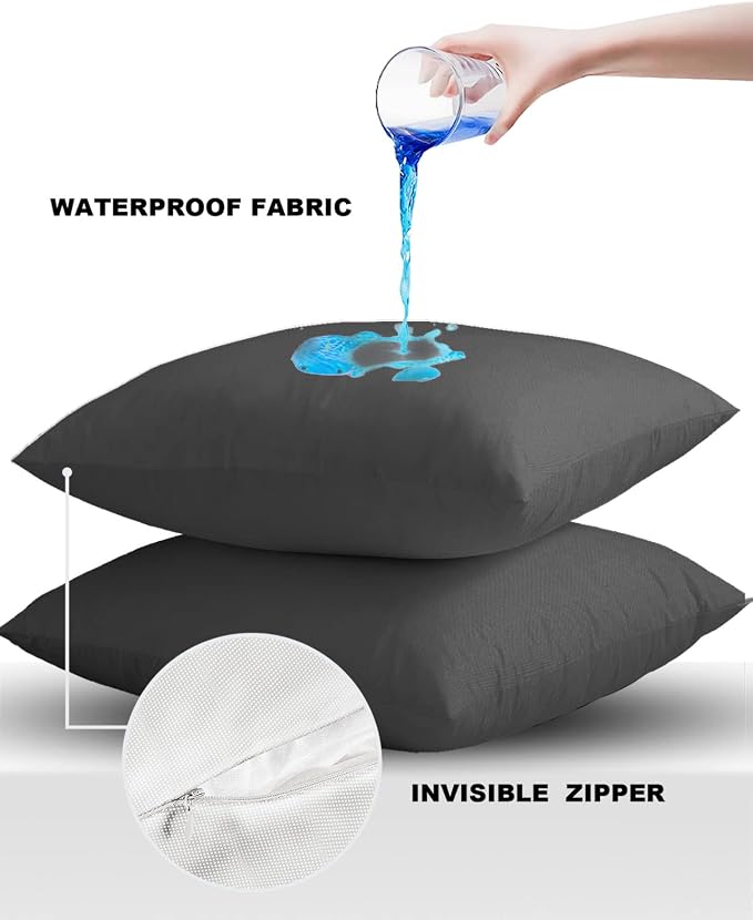 Outdoor Waterproof Throw Pillow Covers Set of 2 Dark Grey Pattern Pillowcases 26x26 Inches Pure Colour Patio Decorative Pillows Cushion Case Patio Pillows for Couch Bed Chair Garden