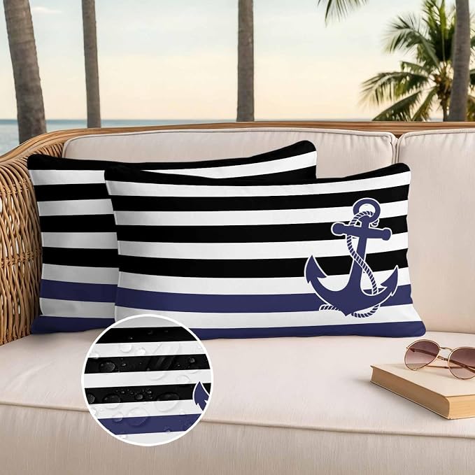 Lumbar Pillow Covers 20x12 Inch Set of 2, Anchor Black Waterproof Outdoor Cushion Covers, Modern Navy Blue White Striped Nautical Decorative Pillowcases for Couch, Sofa, Bed, Garden, Patio
