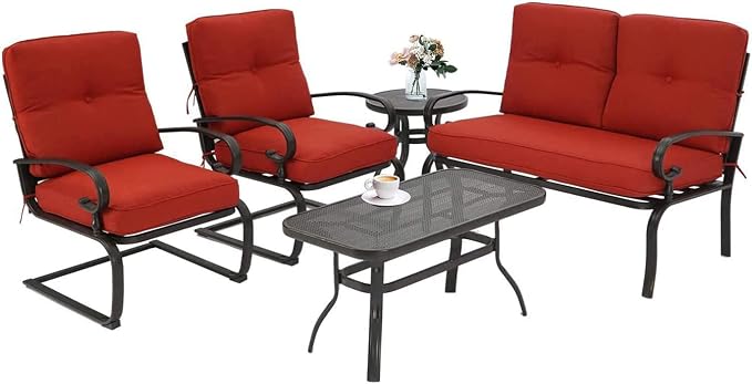 Incbruce 5 Piece Wrought Iron Patio Furniture Set Metal Outdoor Conversation Sets (Loveseat, Coffee Table and Bistro Table, 2 Spring Chair) with Cushion (Red)