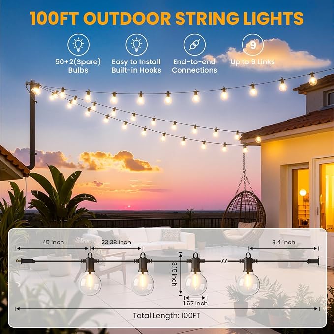 LED Outdoor String Lights, 100FT Patio Lights Outdoor Waterproof with 50+2 Shatterproof G40 Edison Globe Bulbs, 2700K Warm White Hanging Light, Dimmable Light for Outside Backyard Garden Bistro Porch
