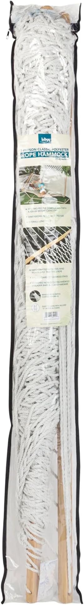 Bliss Hammocks BH-411 60" Wide Polyester Rope Hammock w/Spreader Bars, S Hooks, Chains, Outdoor, Poolside, Patio, Backyard Hammock, Eco Friendly Polyester, 450 Lbs Capacity