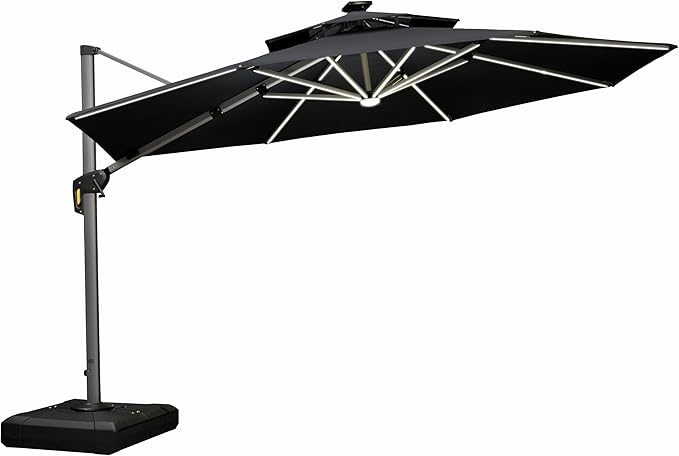 PURPLE LEAF 12ft Solar powered LED Patio Umbrella Outdoor Round Umbrella Large Cantilever Umbrellas with LED lights Windproof Offset Umbrellas Heavy Duty Sun Umbrella for Garden Deck Pool Patio, Grey