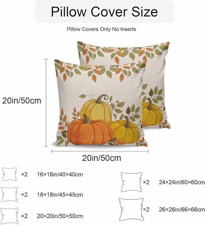 Orange Pumpkins Outdoor Waterproof Pillow Covers, Fall Yellow Leaves Vintage Beige Rustic Decorative Square Throw Pillowcase Sofa Cushion Sham for Patio/Couch/Chair, 24"x24" 2 Pack