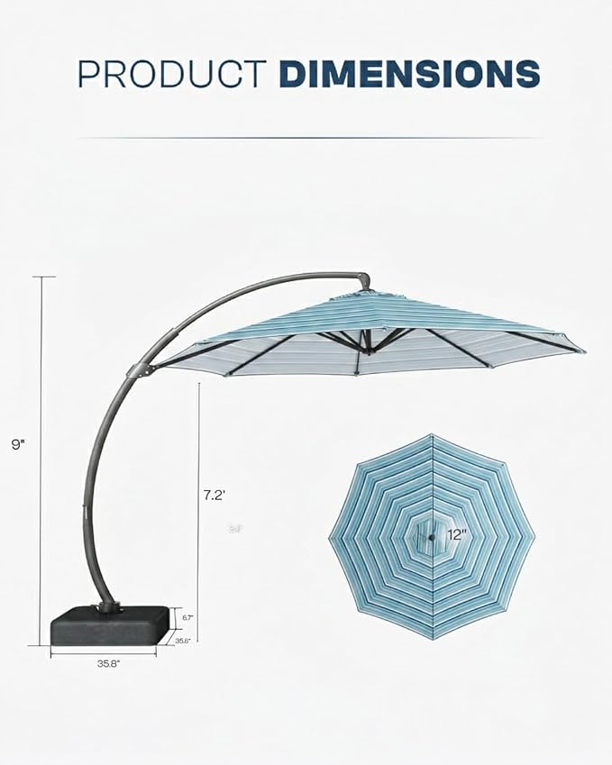12 FT Cantilever Umbrella with Base Included, Large Round 360° Rotation Offset Umbrella Outdoor Patio, Heavy Duty Aluminum Frame, Sand-Weighted Stand, for Deck, Backyard, Pool, Garden (Blue and green stripes)