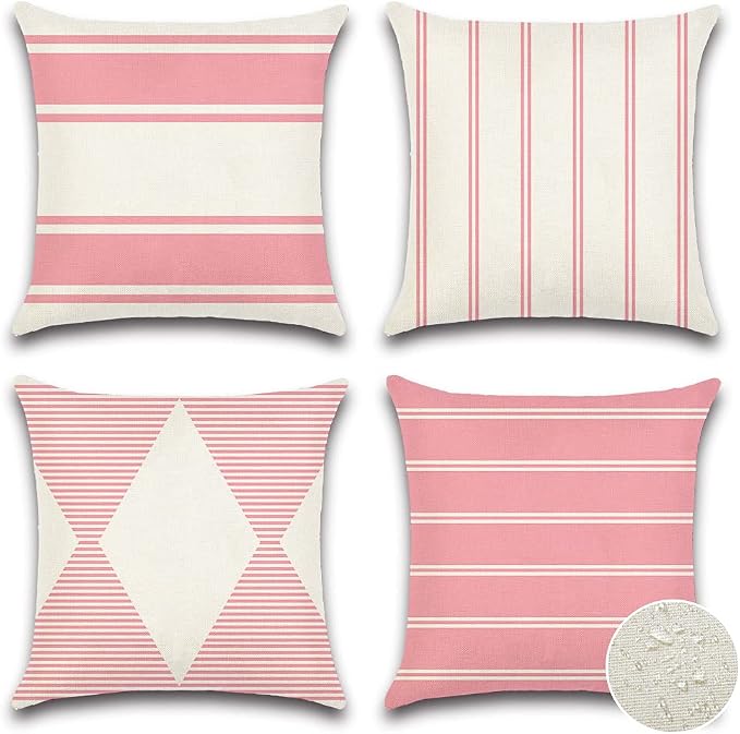 OTOSTAR Decorative Outdoor Throw Pillow Covers 16x16 Inch Waterproof Geometry Pillow Cover Garden Cushion Case Patio Outdoor Pillows Shell for Couch Indoor Tent Park Furniture Balcony Set of 4 (Pink)