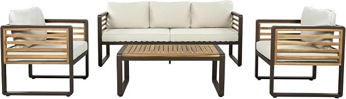 Merax 4-Piece Large Size Outdoor Conversation Sofa Set, Metal and Acacia Wood Frame Sofa with Removable Cushions, Waterproof & UV-Resistant, 5-Person Patio Furniture for Garden Backyard, Beige+Brown