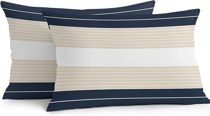 Navy Blue Beige Stripe Outdoor Pillow Covers Waterproof, All Weather Cushion Case Set of 2, Modern Art Horizontal Striped Lumbar Pillowcase for Sofa Couch Bed Decor Patio Furniture 20"x12"