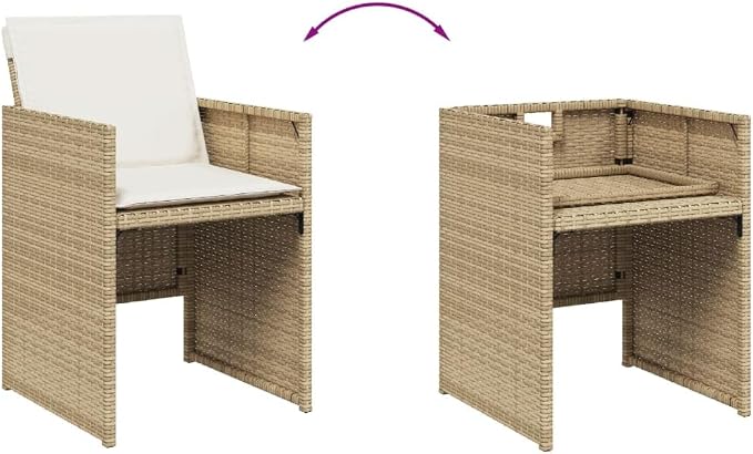 9-Piece Outdoor Patio Furniture Set with Tempered Glass Table & Foldable Chairs, Beige Poly Rattan Dining Set for Garden Backyard Balcony, Weather-Resistant PE Wicker with Cream Cushions