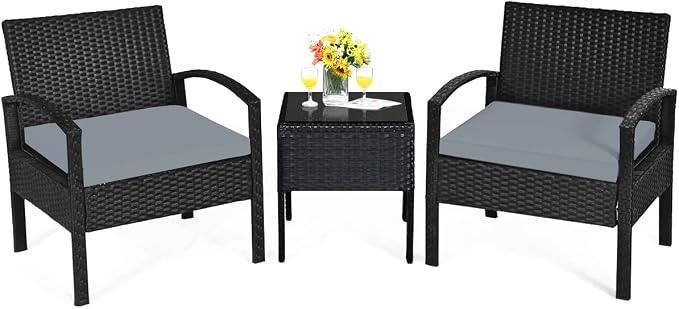 Tangkula 3 Piece Patio Conversation Set, Outdoor Rattan Sofa Set with Seat Cushions & Coffee Table, Patio Wicker Furniture Set for Garden Balcony Backyard Poolside (Grey)