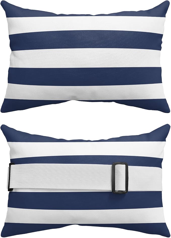 Navy and White Striped Outdoor Pillows with Insert Waterproof Classic Navy Blue White Patio Pillows with Adjustable Strap Rectangle Head Recliner Lounger Chair Throw for Patio Furnitures, 2 Pack