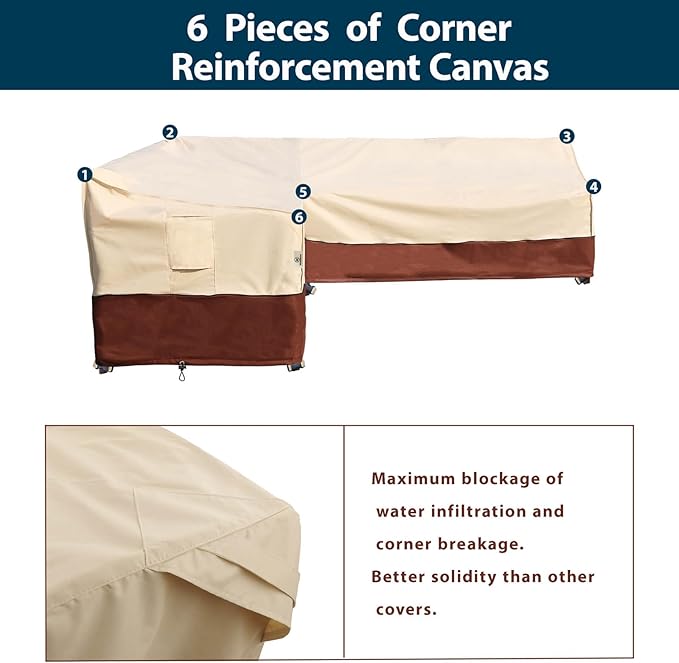 Outdoor Sectional Cover Patio Furniture Covers Waterproof Rip-Stop Anti-UV 600D Heavy Duty Couch Sofa Cover with 3 Air Vent (Beige & Reddish Brown, V-Shaped-105''X105'')