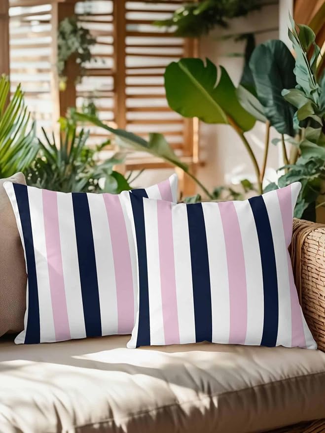 Outdoor Pillows Waterproof, Pink Navy Blue Striped Bedding Throw Pillows with Insert for Couch Sofa Bed, Farmhouse Stripe Art 18x18 Inch Pillowcases Decorative Camping Patio Pillow Set of 2