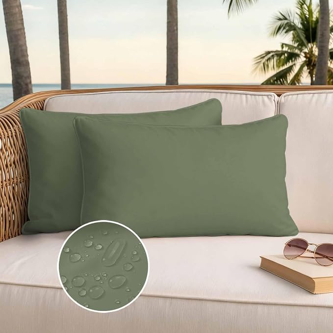 Lumbar Pillow Covers 20x12 Inch Set of 2, Green Solid Color Waterproof Outdoor Pillow Covers, Aesthetics Contemporary Luxury Decorative Cushion Pillowcases for Couch, Sofa, Bed, Garden, Patio