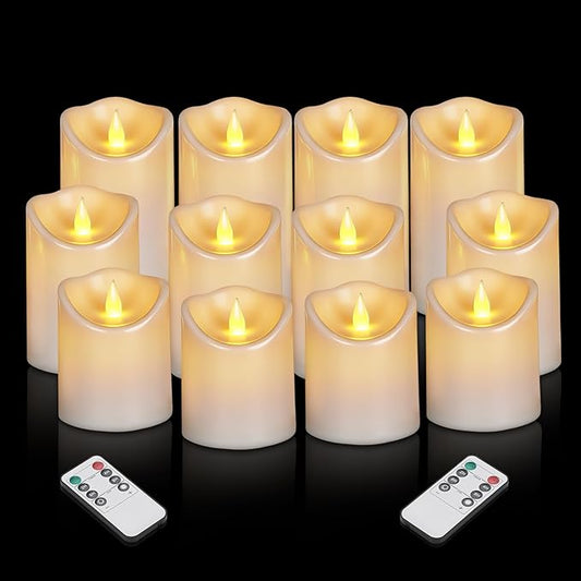 Flameless Candles 4" 5" 6" Outdoor Indoor Pillars Battery Operated Flickering Candles Include 10-Key Remote Timer 400+ Hours by 2 AA Batteries (White Candle - Warm light, 3"D x 4"|5"|6" H - 12 Pack)