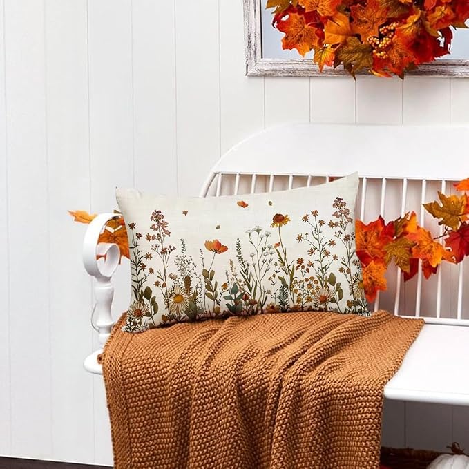 RABUSOFA Fall Outdoor Pillow Covers 12x20 Waterproof Floral Lumbar Decor | Autumn Harvest Thanksgiving,Not Insert,Machine Washable,Invisible Zipper,Fall Decorations for Home Sofa Patio Farmhouse