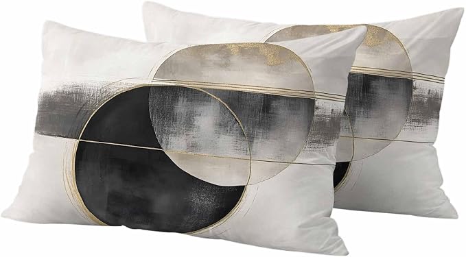 Abstract Art Outdoor Waterproof Throw Pillow Covers Set of 2, 20"x12", Mottled Geometric Moon Black Gold Circle Striped Decorative Pillow Covers Outside Cushion Case for Patio Porch Garden