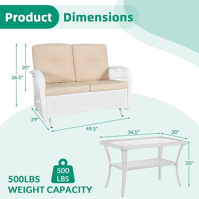 VIVIJASON 2-Piece Patio White Wicker Loveseat Glider Set Cushioned, Outdoor Conversation Furniture Sets W/ 2-Seater Glider Rocking Bench, Coffee Table and Cushions for Porch Garden Poolside, Beige