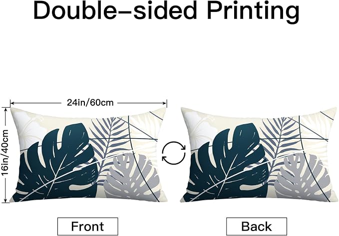 OTOSTAR Outdoor Waterproof Throw Pillow Covers 16x24 Inch Set of 2 Double-Sided Dark Blue Grey Tropical Leaf and Flower Spring Summer Decorative Pillow Cases for Patio Funiture Garden Balcony Couch