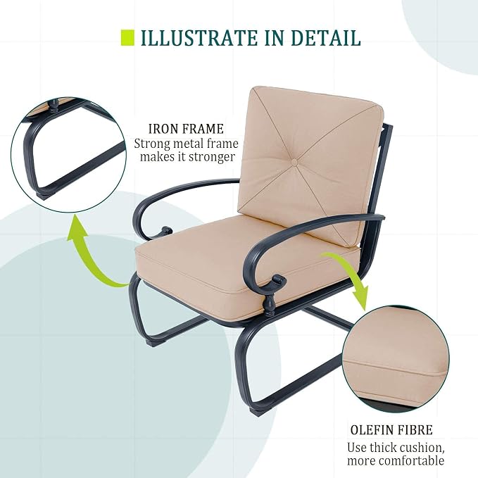 4 Pcs Outdoor Wrought Iron Furniture Patio Conversation Set with Glider Loveseat, 2 Spring Chairs, and Coffee Table (Brown)