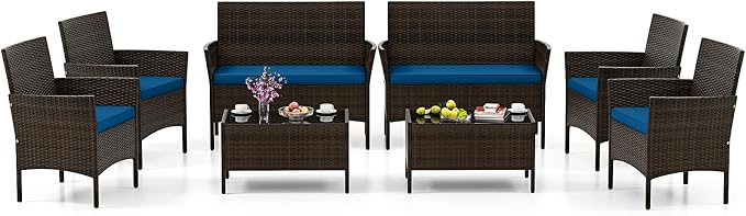 HAPPYGRILL 8 Pieces Outdoor Rattan Conversation Set, Patio Wicker Furniture Set with Loveseat Chairs & Tempered Glass Coffee Table, Outside Sectional Sofa Set for Backyard Garden Poolside, Blue