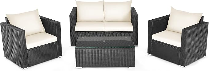 COSTWAY 4-Piece Patio Rattan Furniture Set, Cushioned Sofa Chair, Loveseat and Coffee Table with Tempered Glass Top, Outdoor Conversation Sets for Garden Poolside Balcony Porch (White)