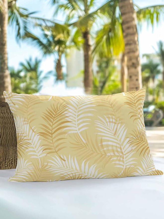 Waterproof Outdoor Pillow 1 Pack Yellow Tropical Palm Leaves Decorative Throw Pillows Cover & Insert 20x12 Inch Lumbar Pillowcase Summer Jungle Foliage Pillows for Couch Sofa Bed Patio Furniture