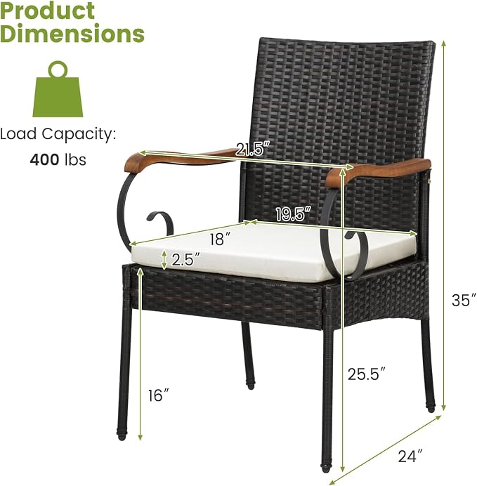 Tangkula 5 PCS Patio Rattan Dining Set, Outdoor Wicker Chair & Dining Table Set, Acacia Wood Tabletop & Armrests, 2” Umbrella Hole, Seat Cushions Included, Backyard (5 PCS)