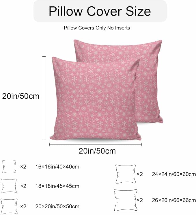 Pink Christmas Outdoor Pillow Cover 24x24 Inch Cushion Sham Case, Farmhouse Winter Xmas Beige Snowflakes Waterproof Decorative Square Throw Pillowcase for Outside Garden Patio Porch Couch Chair Tent