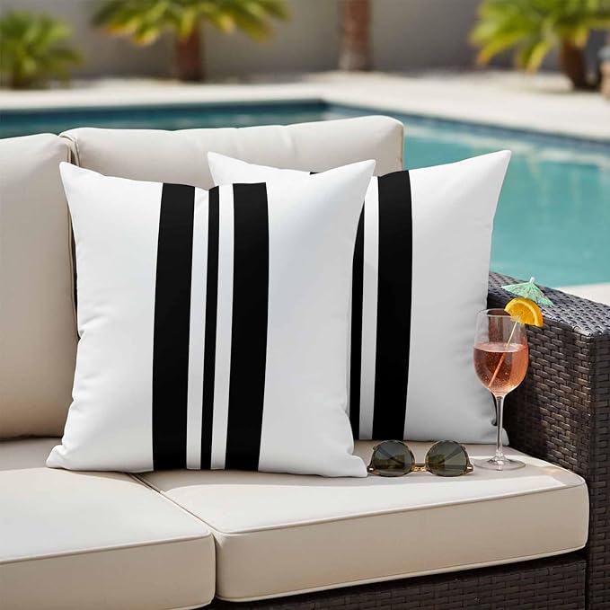 Black Stripes Outdoor Waterproof Throw Pillow Covers Set of 2, 16"x16", Festival Decorative Pillow Covers Outside Cushion Case for Patio Porch Garden