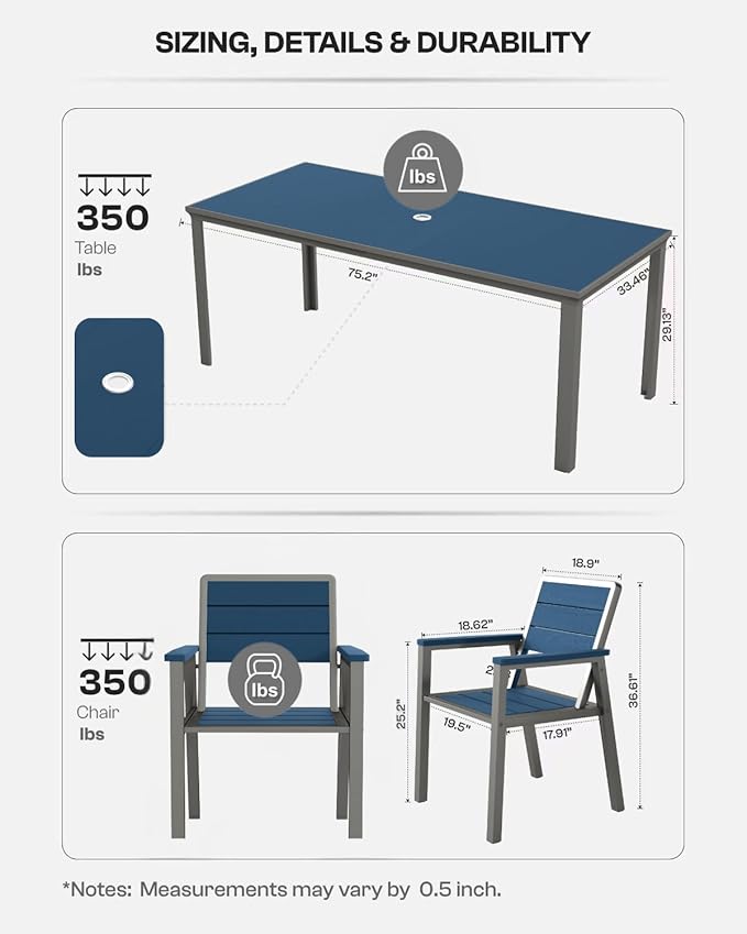 7-Piece Patio Dining Set with 15FT Umbrella, Aluminum & HDPE Outdoor Table and Chairs, Weather-Resistant All-Season Backyard, Deck & Patio Dining Furniture with 2" Umbrella Hole (Navy)