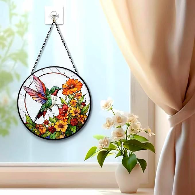 Stained Glass Window Hanging - Hummingbirds are Collecting Nectar 7.8 Inches Suncatcher for Garden Home Decor for Women Mon Grandma Friends
