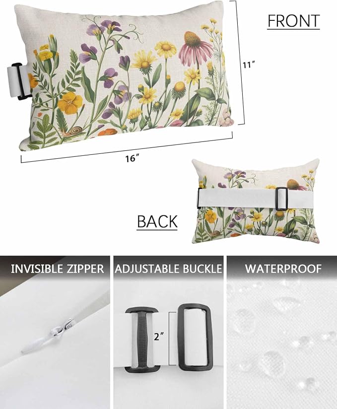 Spring Wildflowers Outdoor Pillows with Insert 11x16 Inch Summer Country Plants Leaf Flowers Linen Waterproof Headrest Pillows with Adjustable Strap Lounger Chair Throw for Patio Furnitures , 2 Pack