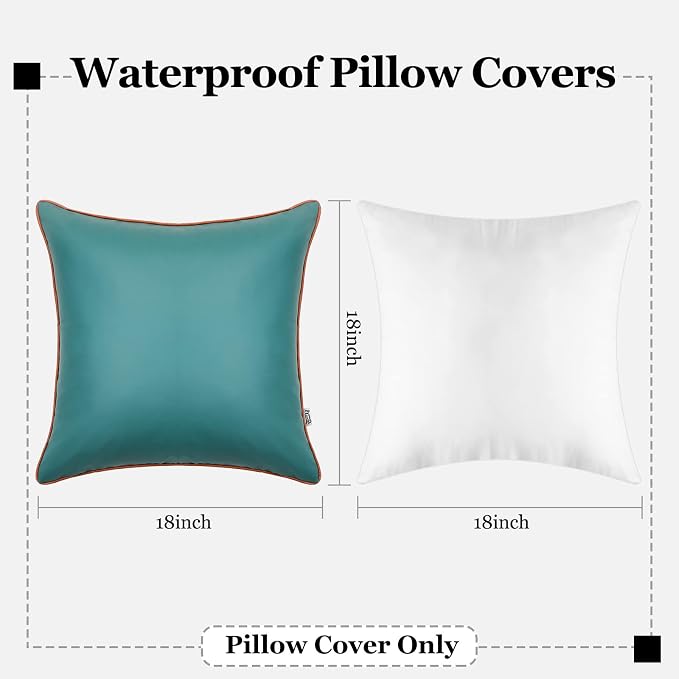 Outdoor Waterproof Pillow Covers Silicone Leather Garden UV Fade Resistant Pillowcases Decorative Square Solid Cushion Cases for Patio Porch Couch Dark Green 18x18 Inch, Pack of 2