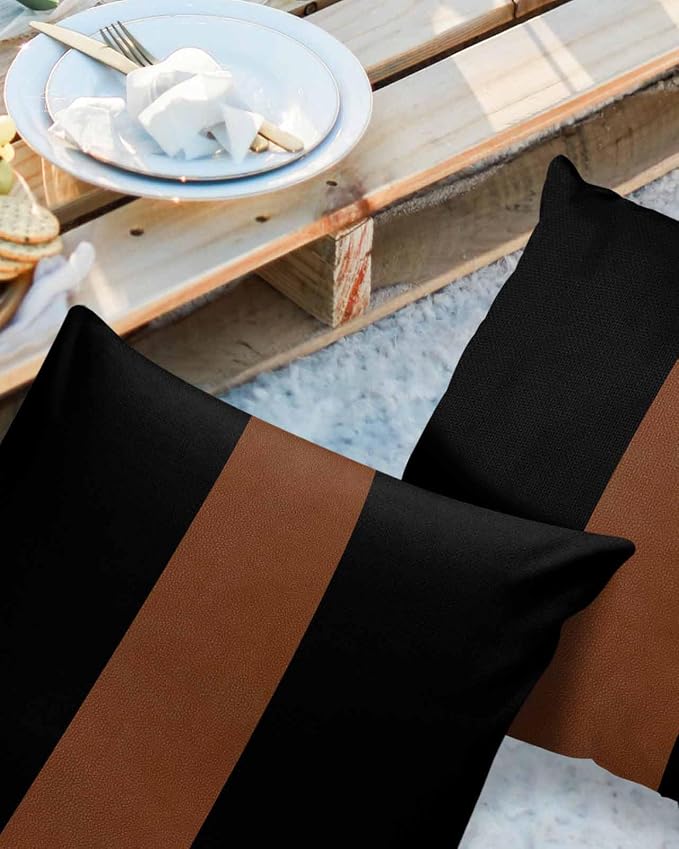 Outdoor Waterproof Throw Pillow Covers 24x24in, Farmhouse Mid Century Cushions for Garden Patio Furniture Chairs Set of 2, Boho Black and Brown Home Decor Couch Sofa Polyester Pillow Cases
