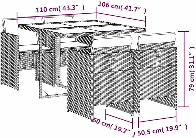5-Piece PE Rattan Patio Dining Set, Black and Cream White | Includes a 4-person table and chairs with washable cushions, suitable for backyard, balcony, and poolside dining.