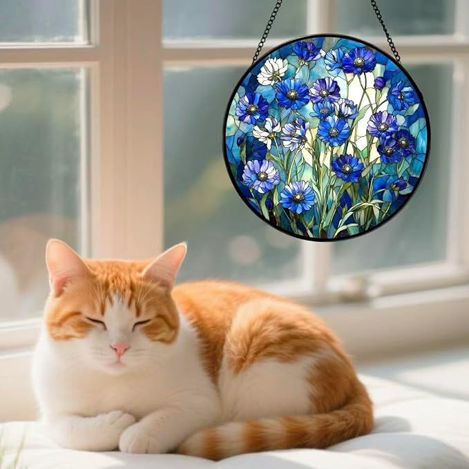 Stained Glass Window Hanging - Blue Floral Pattern 7.8 Inches Suncatcher for Garden Home Decor for Women Mon Grandma Friends