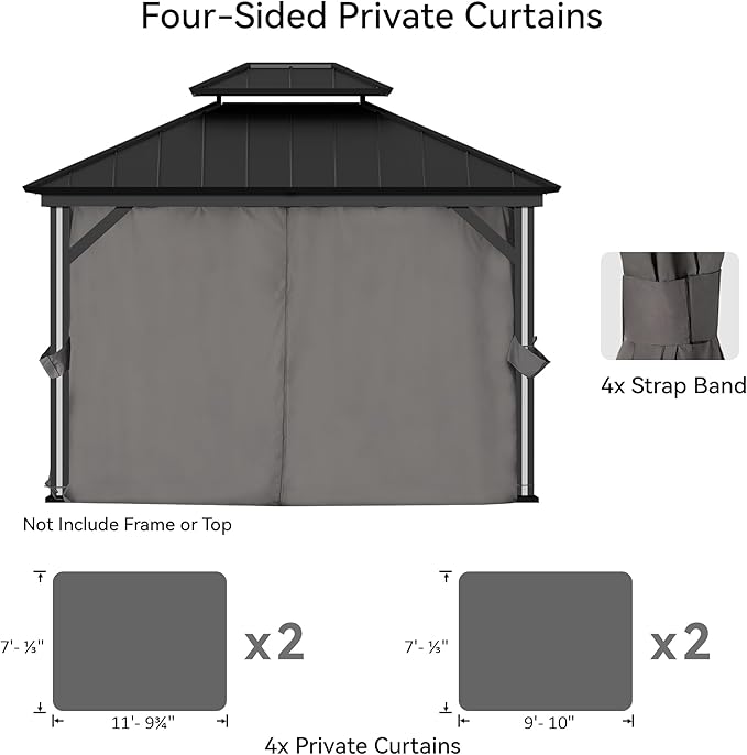 Covered Outdoor Gazebo Curtain Replacement Universal 4-Panel Sidewalls 10' x 12', Outdoor Gazebo Privacy Curtains with Zipper, Replacement for Patio Canopy, Garden, Backyard, Grey (Curtain Only)