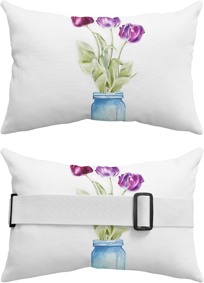 Outdoor Pillows Covers with Inserts Hand Drawn Watercolor Purple Flowers on Blue Vase Waterproof Pillow with Adjustable Strap Throw Pillows for Patio Furniture Recliner Lounge Chair, 11x16 inch, 2PCS